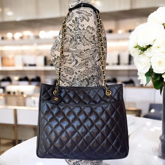 CHANEL Shopper Bag Double Chain Quilted Black Lambskin Large Tote CC Authentic - Picture 9 of 16